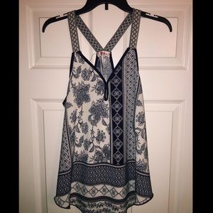 Navy blue floral print silk blouse